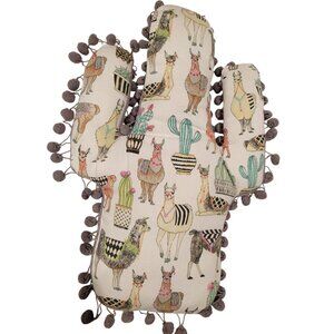 Cactus Shaped Llama & Cactus Print Pillow With Pom-Pom Trim